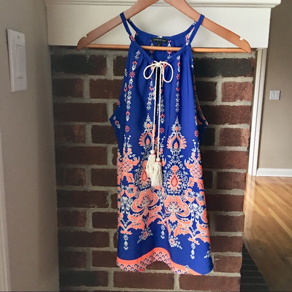 Boho Royal Blue Tassel-Tie Sleeveless Top Sz M